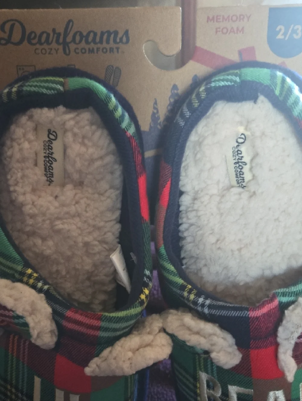Dearfoams Kids Plaid 'Lil Bear' Slip-On Slippers-Size 2/3 NWT